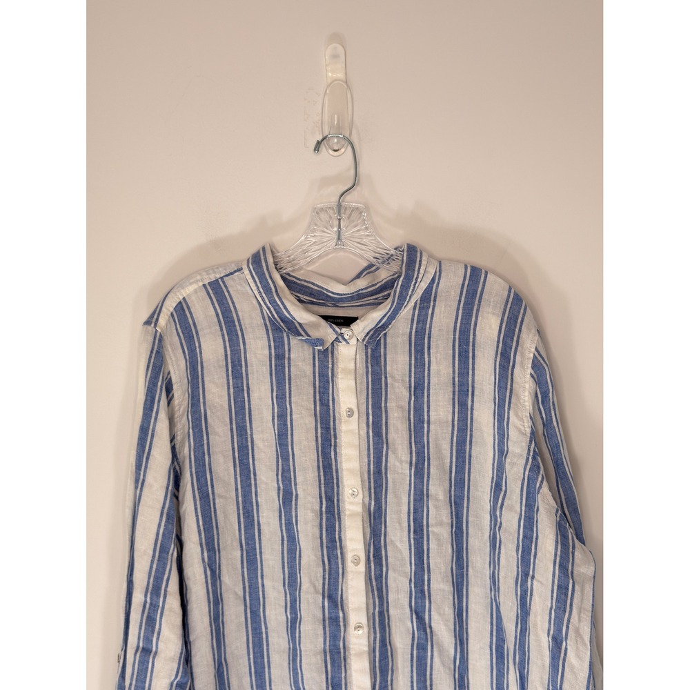 Tahari Linen Button Up Blouse Lagenlook Plus Blue White Striped Coastal 2X‎ - Picture 4 of 14